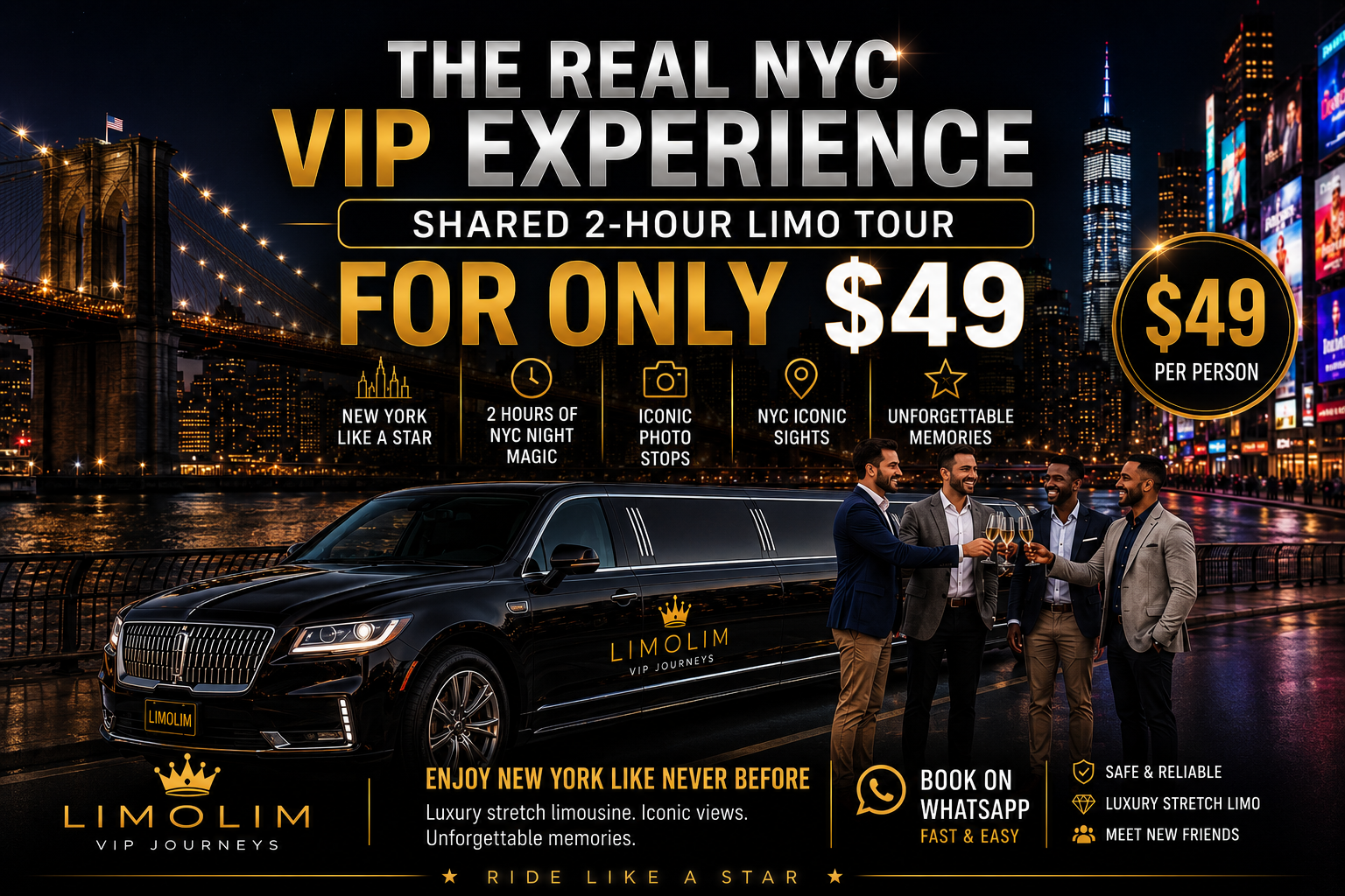 The Real NYC VIP Experience — Shared 2-hour limo tour for only $49 per person