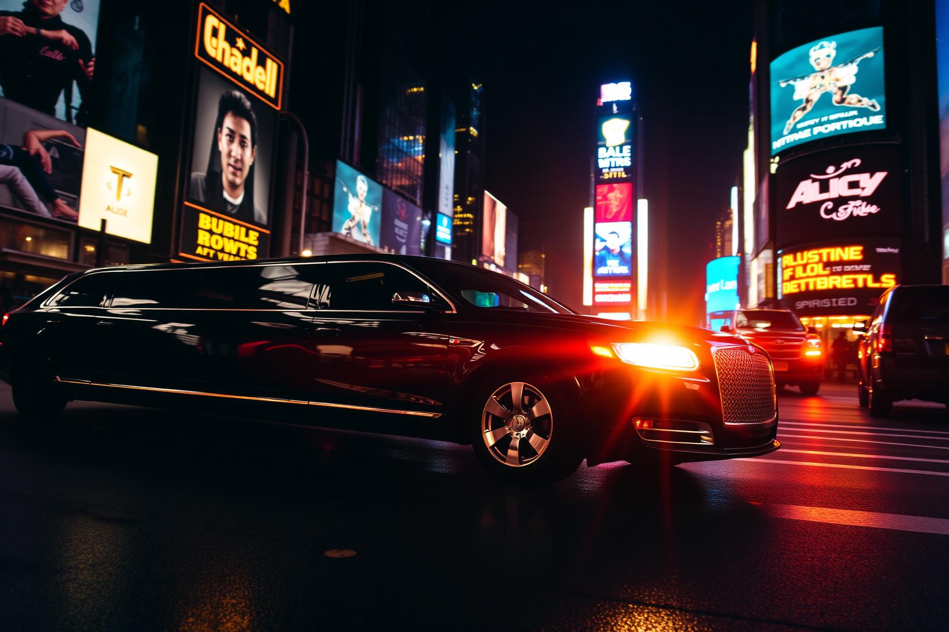 Black stretch limousine driving through Times Square at night